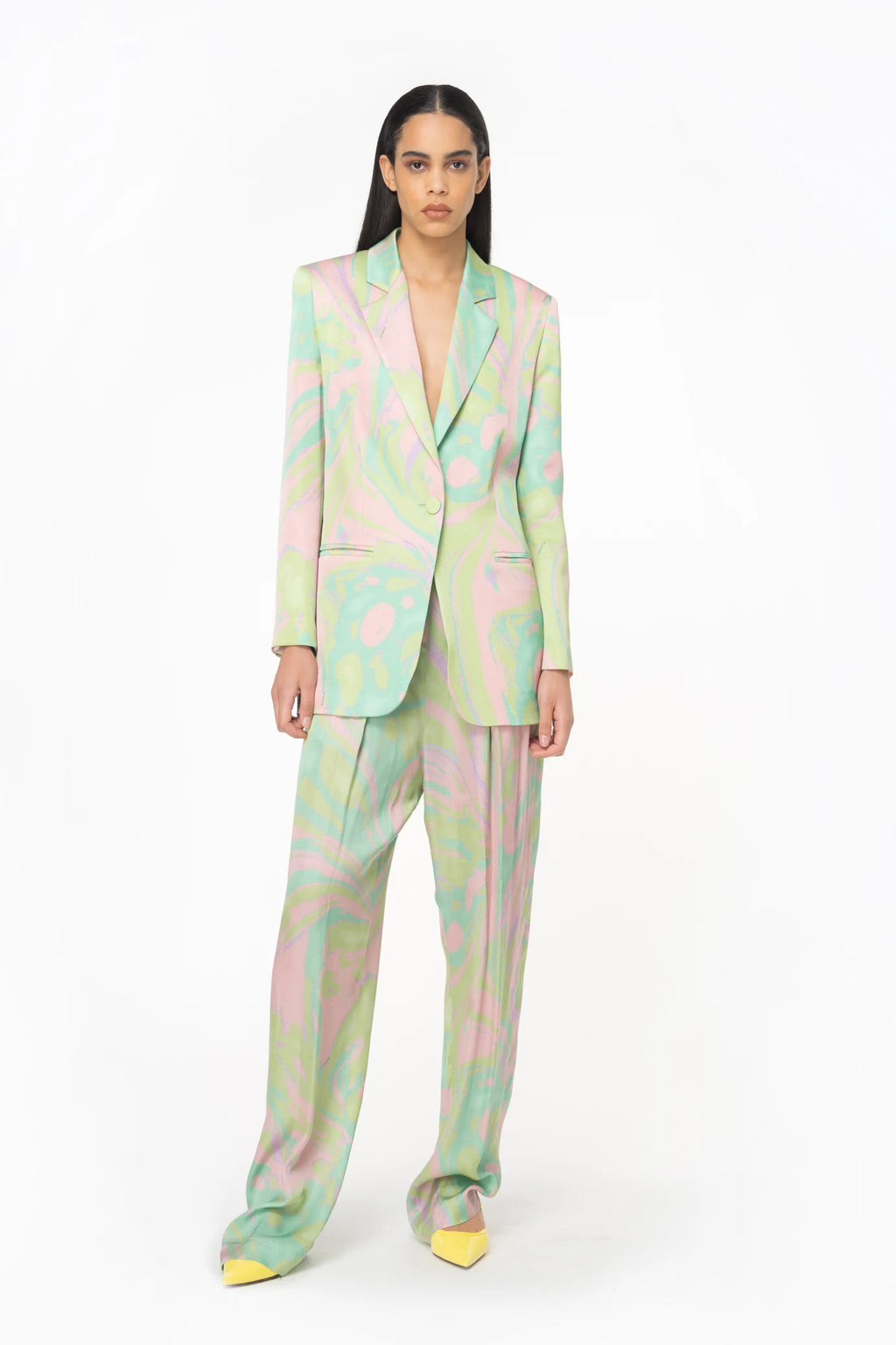 Lime pink print satin trousers
