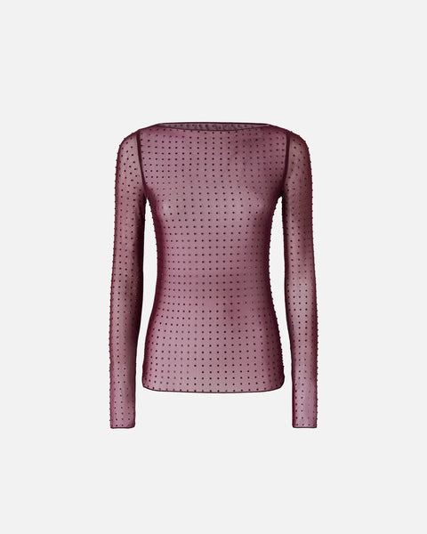 Burgundy long sleeve mesh top with rhinestones – BU Club