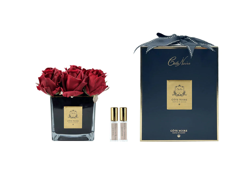 Red Couture 9 Roses diffuser in square black vase with gold badge