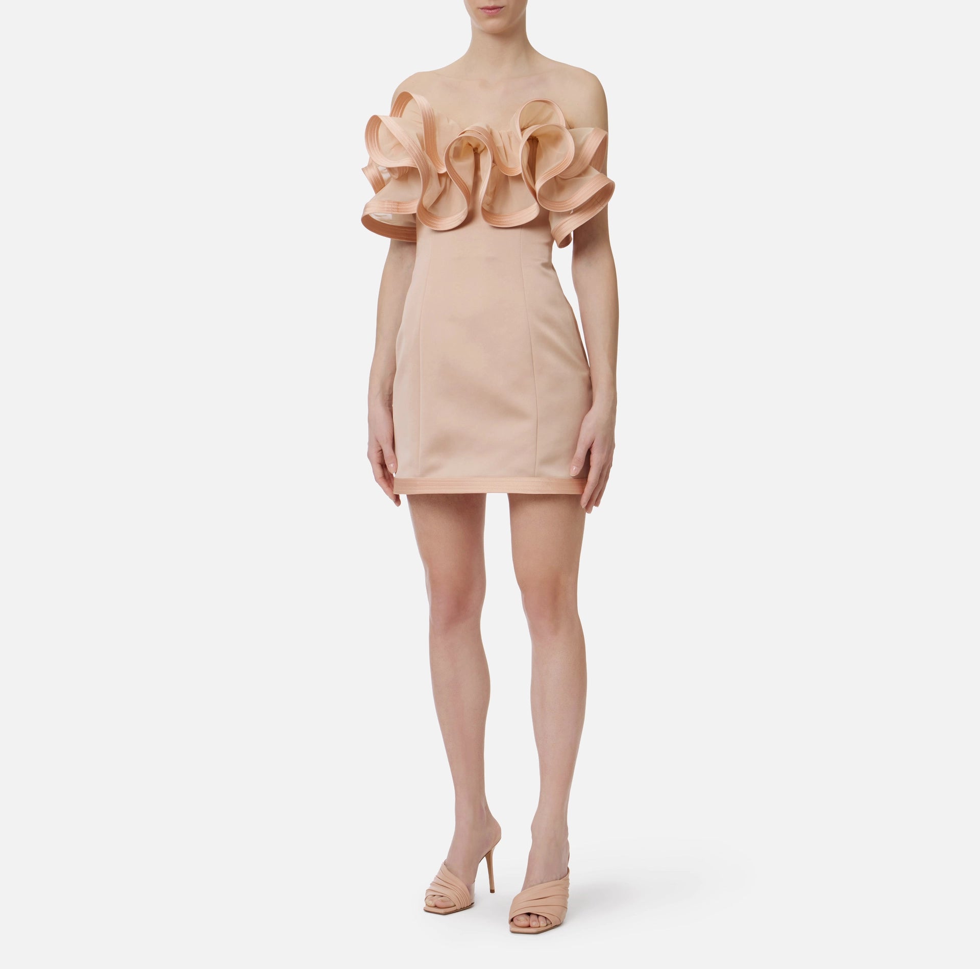 Mini dress in duchess satin with maxi ruffles