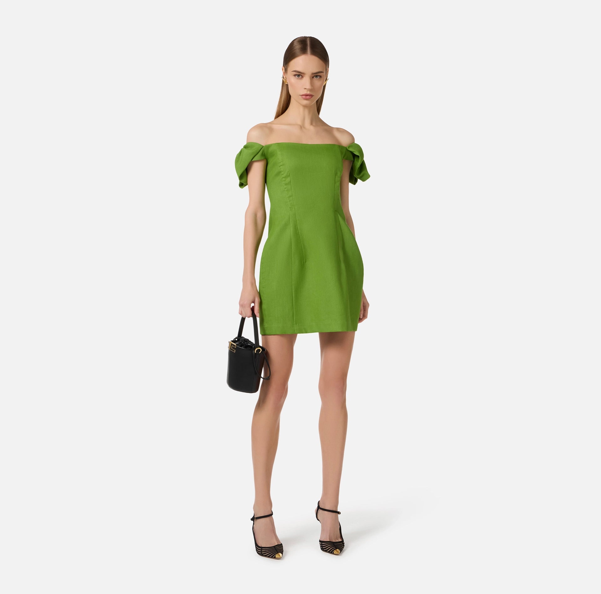 Green linen blend off shoulder mini dress
