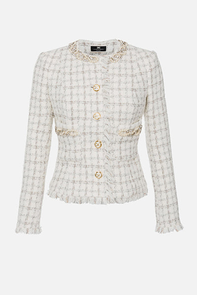 White check motive tweed jacket with pearls