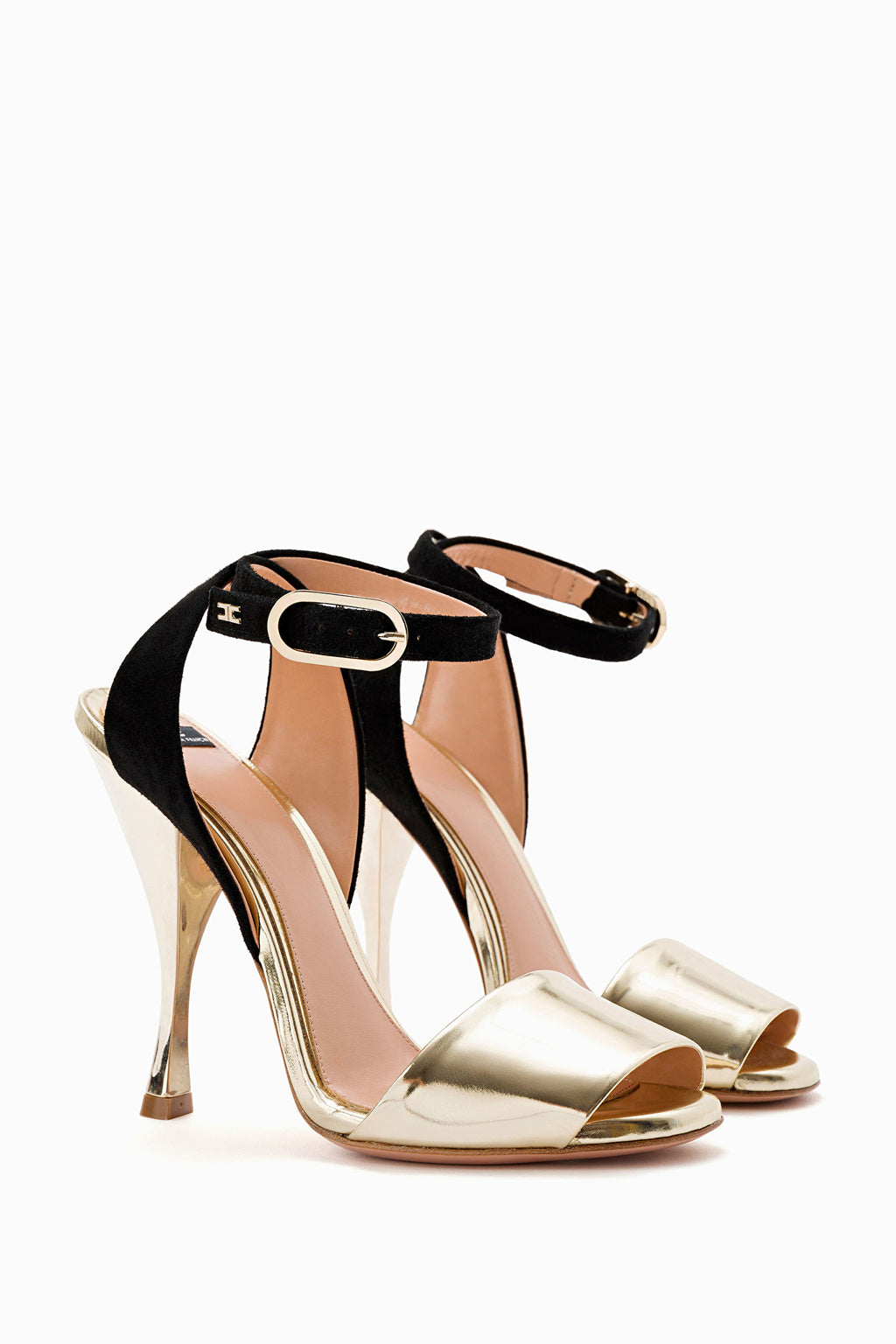 gold high heel sandals with black ankle strap