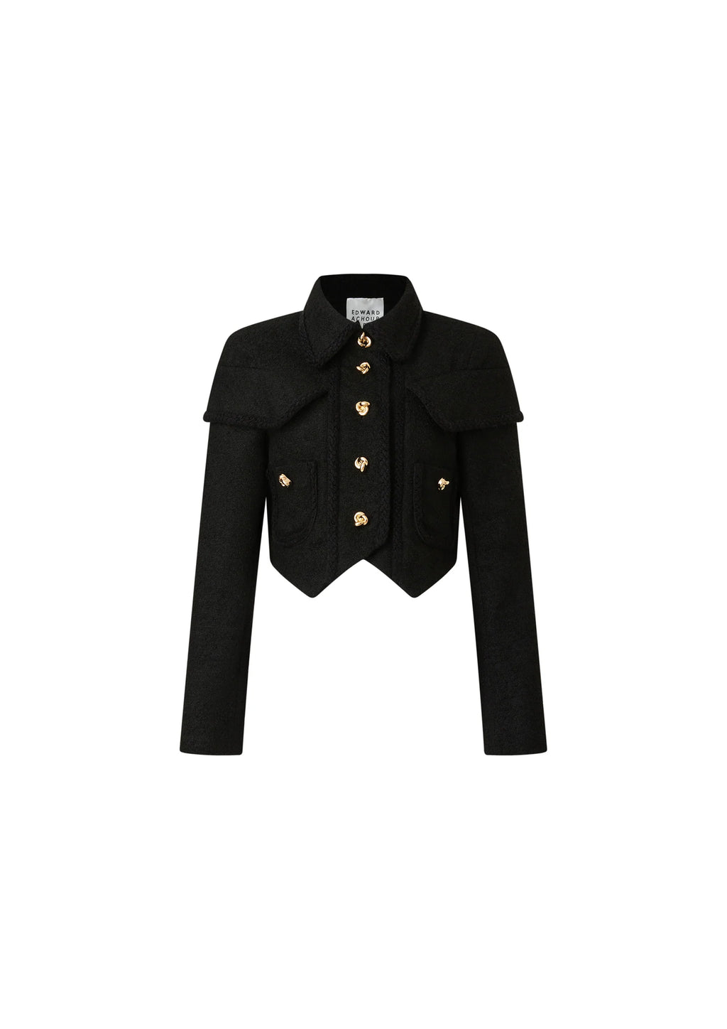 Black short tweed jacket with sculpted shoulders