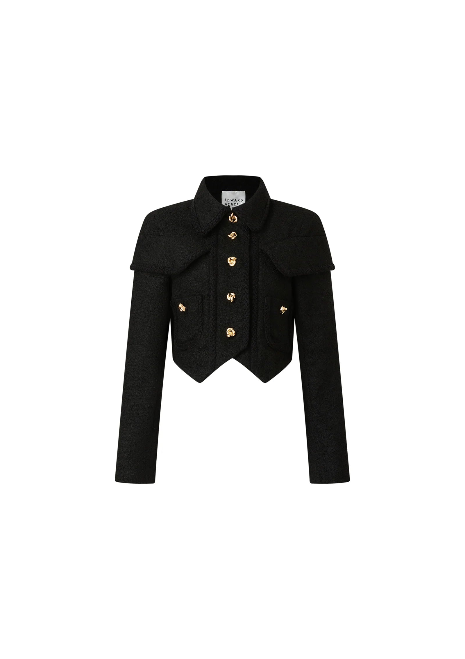 Black short tweed jacket with sculpted shoulders