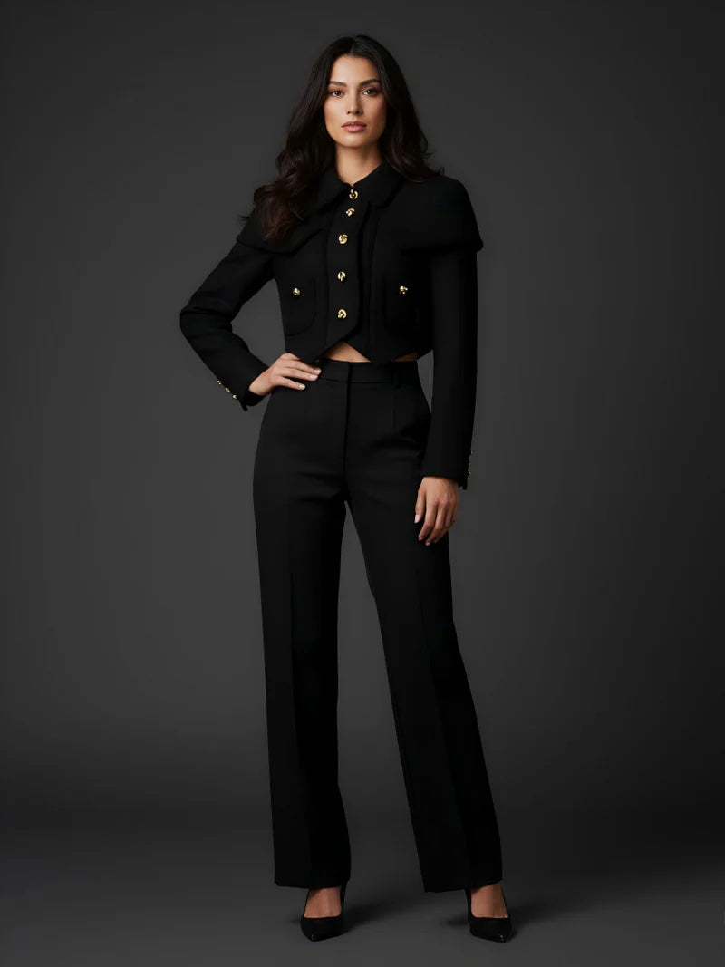 Black short tweed jacket with sculpted shoulders