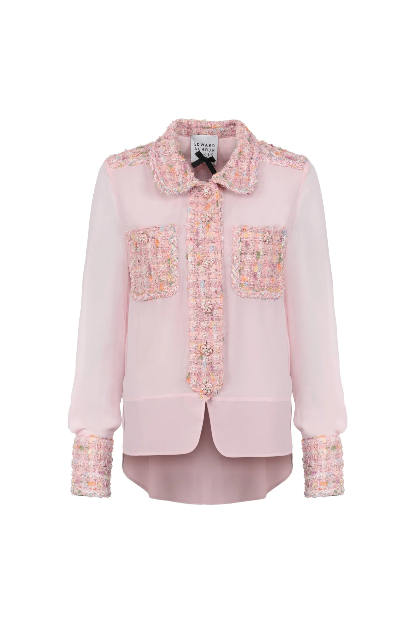 Pink tweed details silk blouse