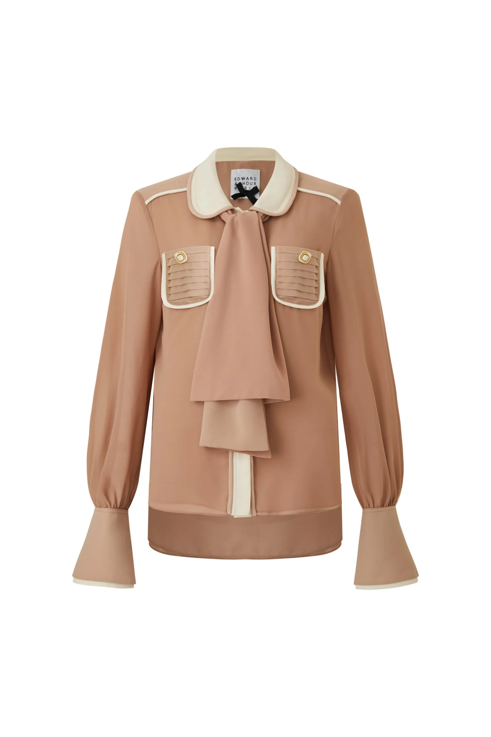 Tan blouse with contrast cream piping and draped scarf