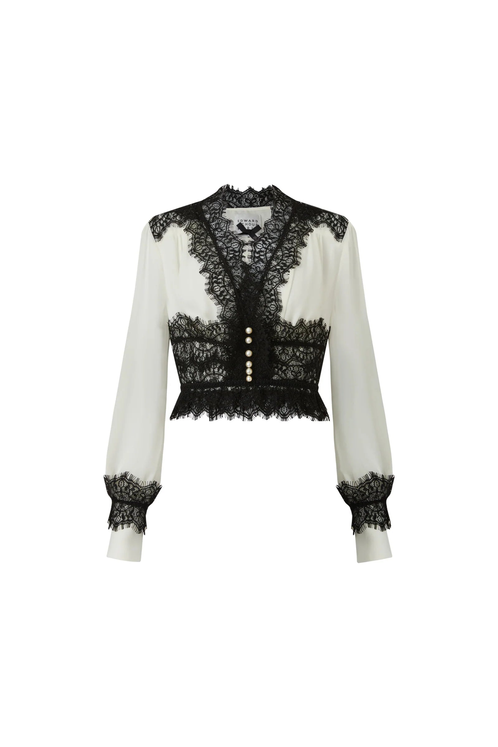 White blouse with black French lace details