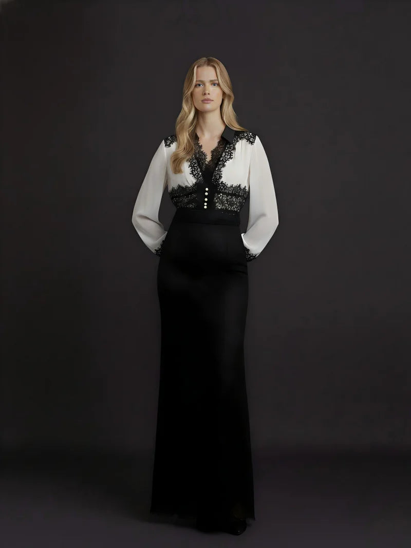 White blouse with black French lace details