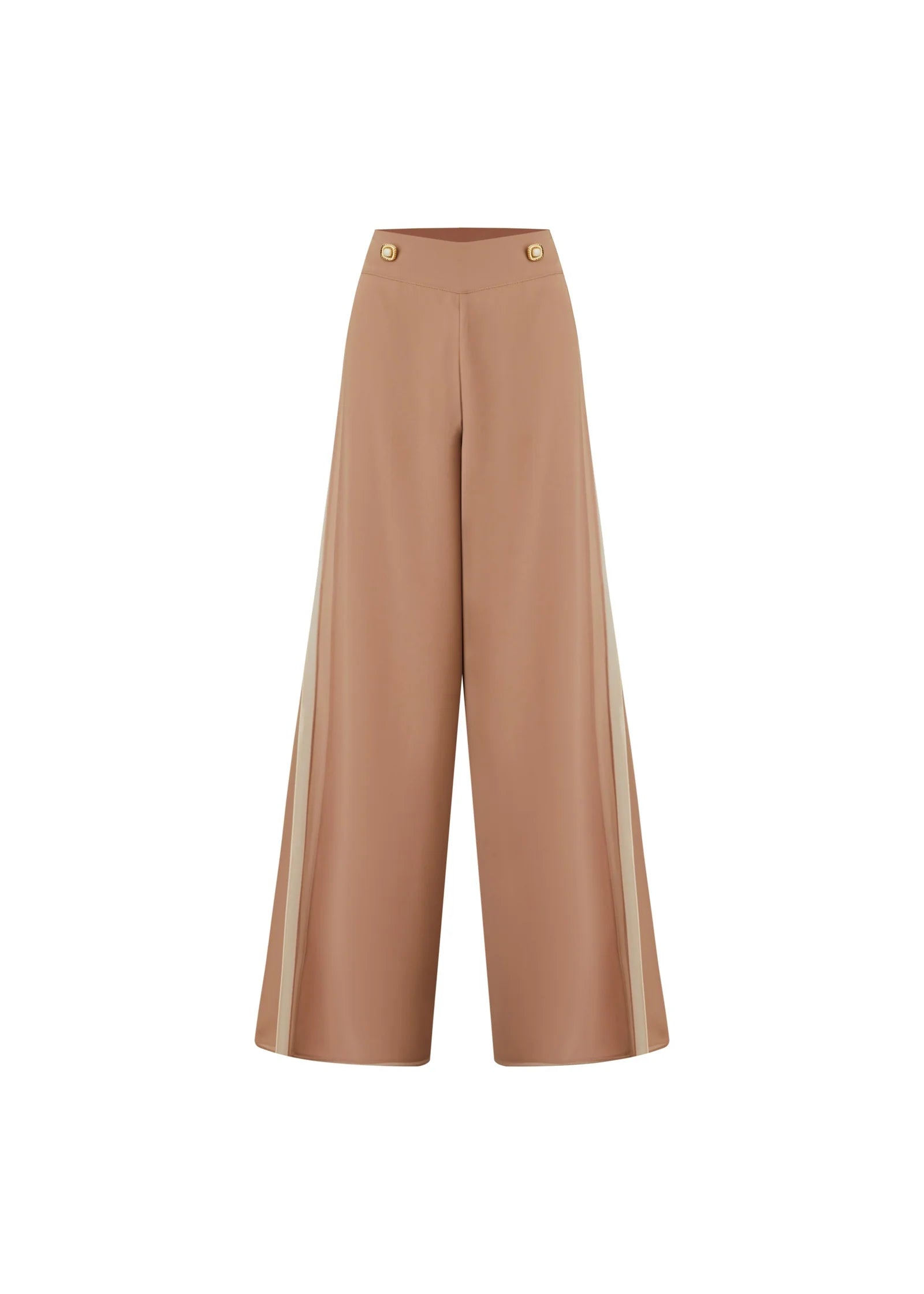 Tan wide leg tailored pants with side cream stripe