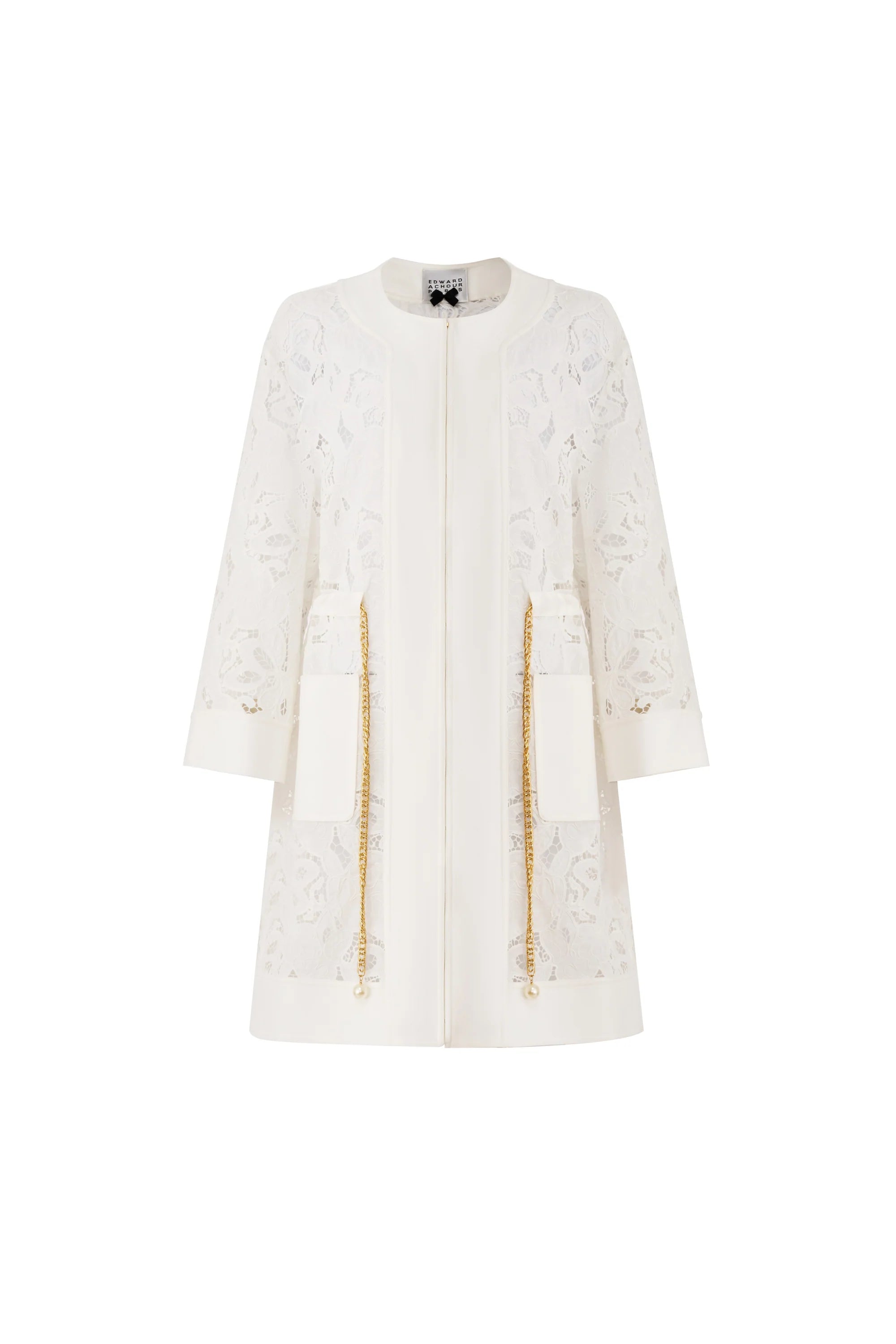 White lace long  jacket with gold drawstring chain