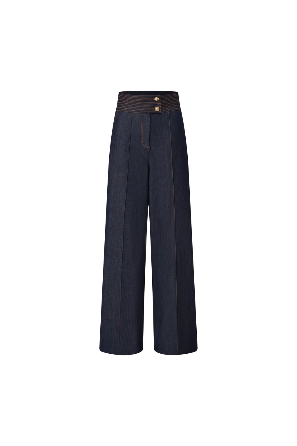 Blue stretch denim wide leg high waisted pants