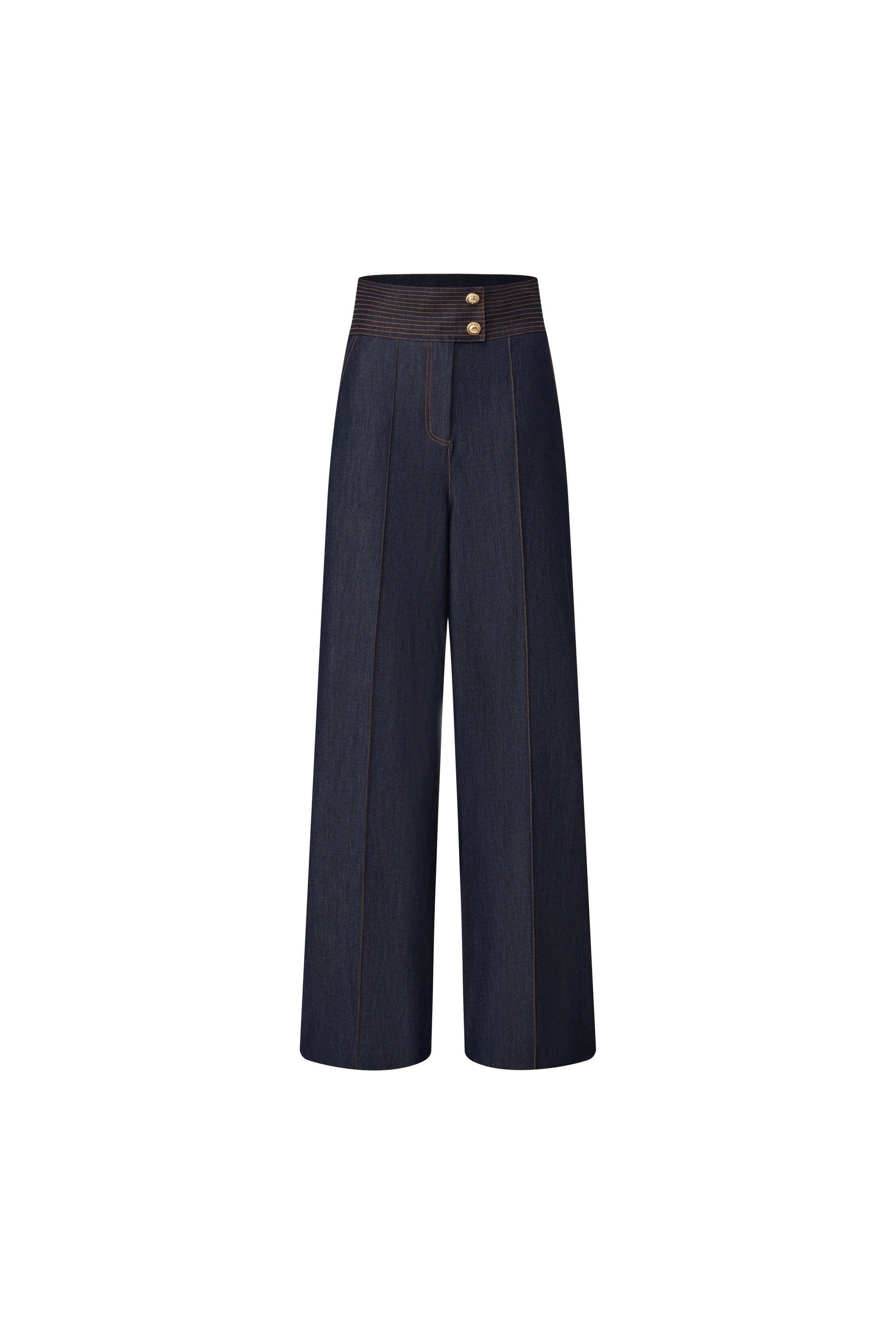 Blue stretch denim wide leg high waisted pants