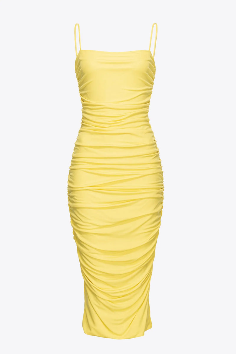 Yellow mesh rushed midi dress with spaghetti straps
