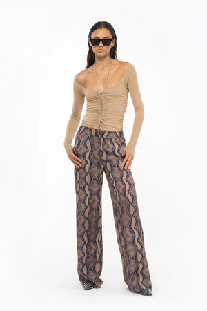 Brown lilac snake print loose fit palazzo trousers
