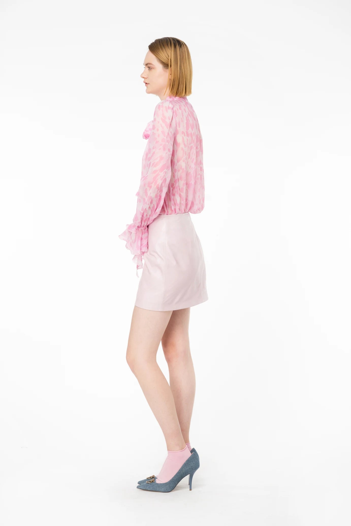 Pink leather mini skirt