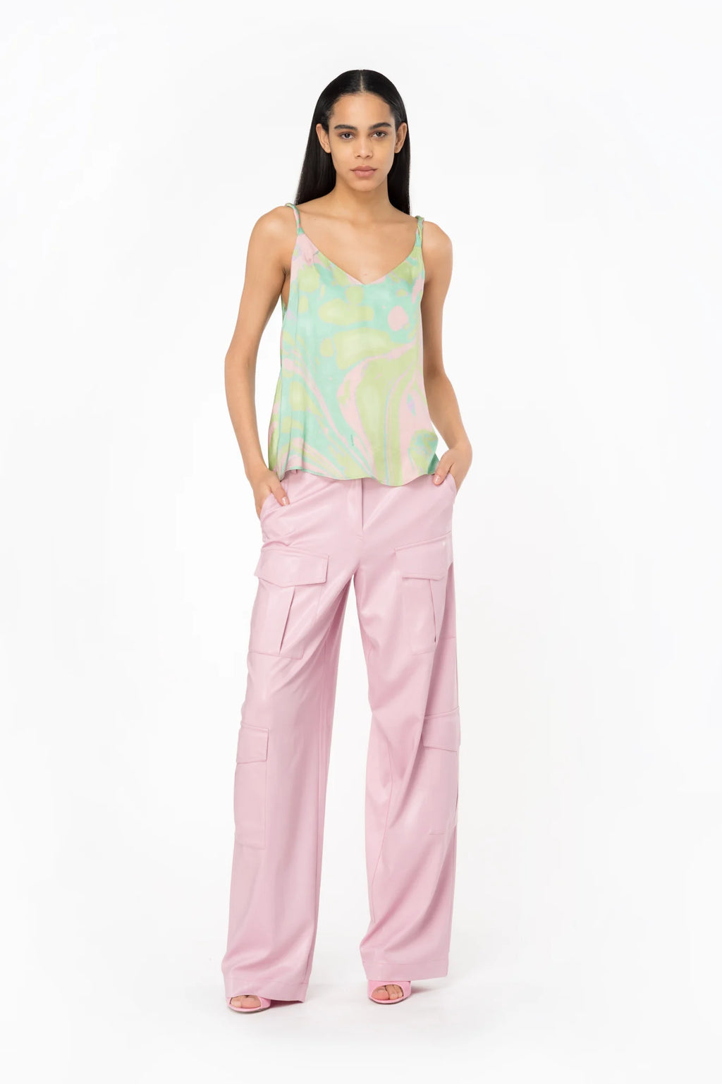 Lime pink splash print satin tank top