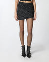 Black ruffled taffeta mini skirt with rhinestones