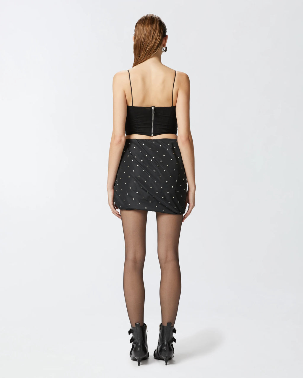 Black rushed taffeta mini skirt with rhinestones