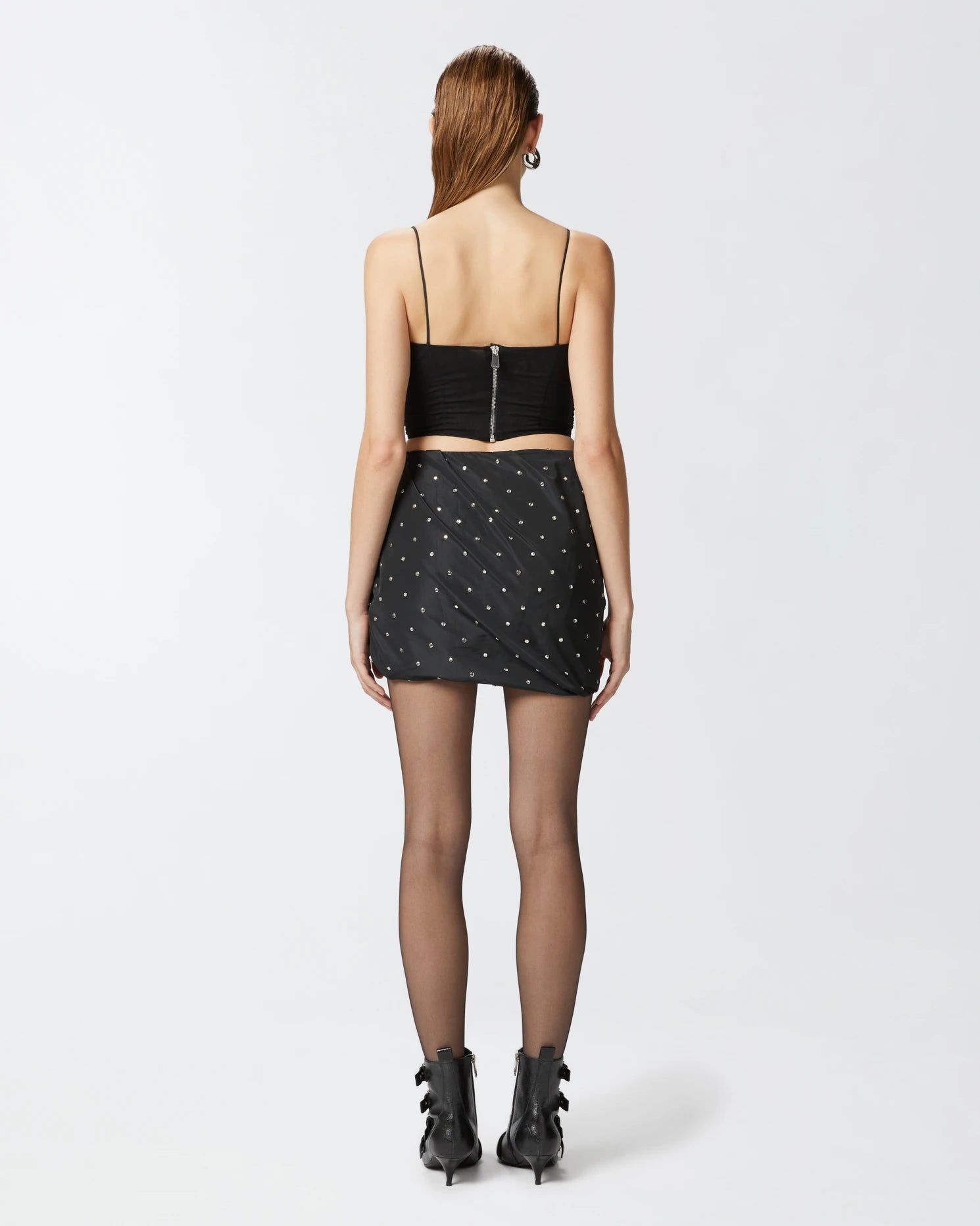 Black rushed taffeta mini skirt with rhinestones