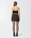 Black ruffled taffeta mini skirt with rhinestones