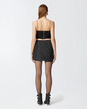 Black ruffled taffeta mini skirt with rhinestones