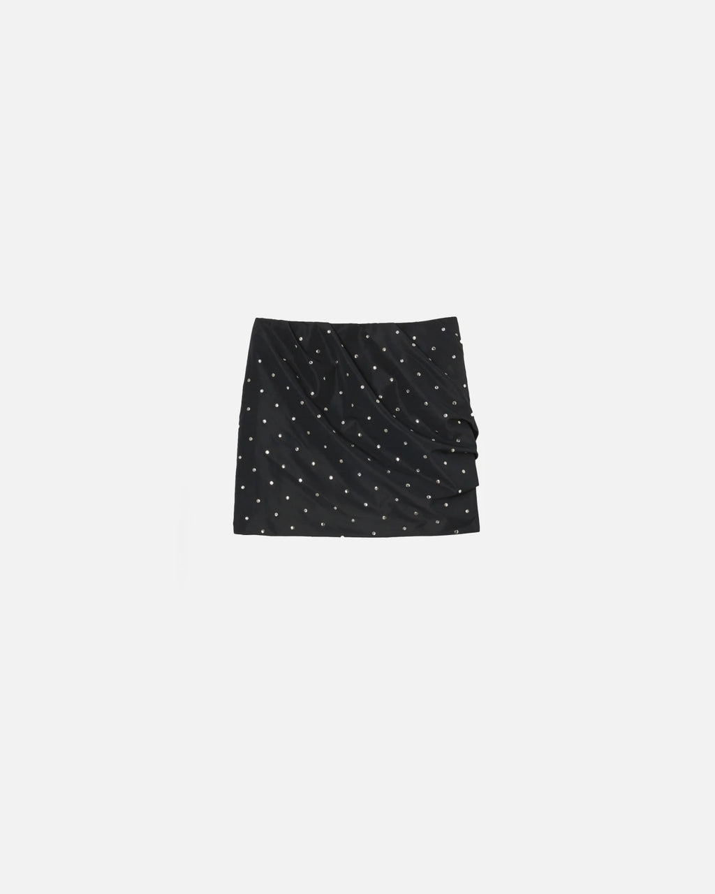 Black rushed taffeta mini skirt with rhinestones