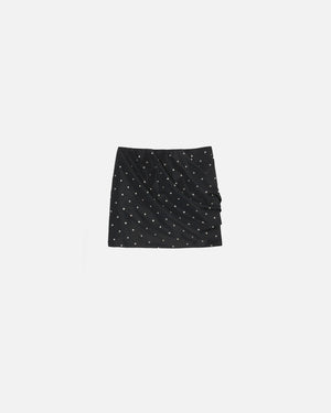 Black ruffled taffeta mini skirt with rhinestones