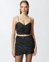 Black ruffled taffeta top with rhinestones