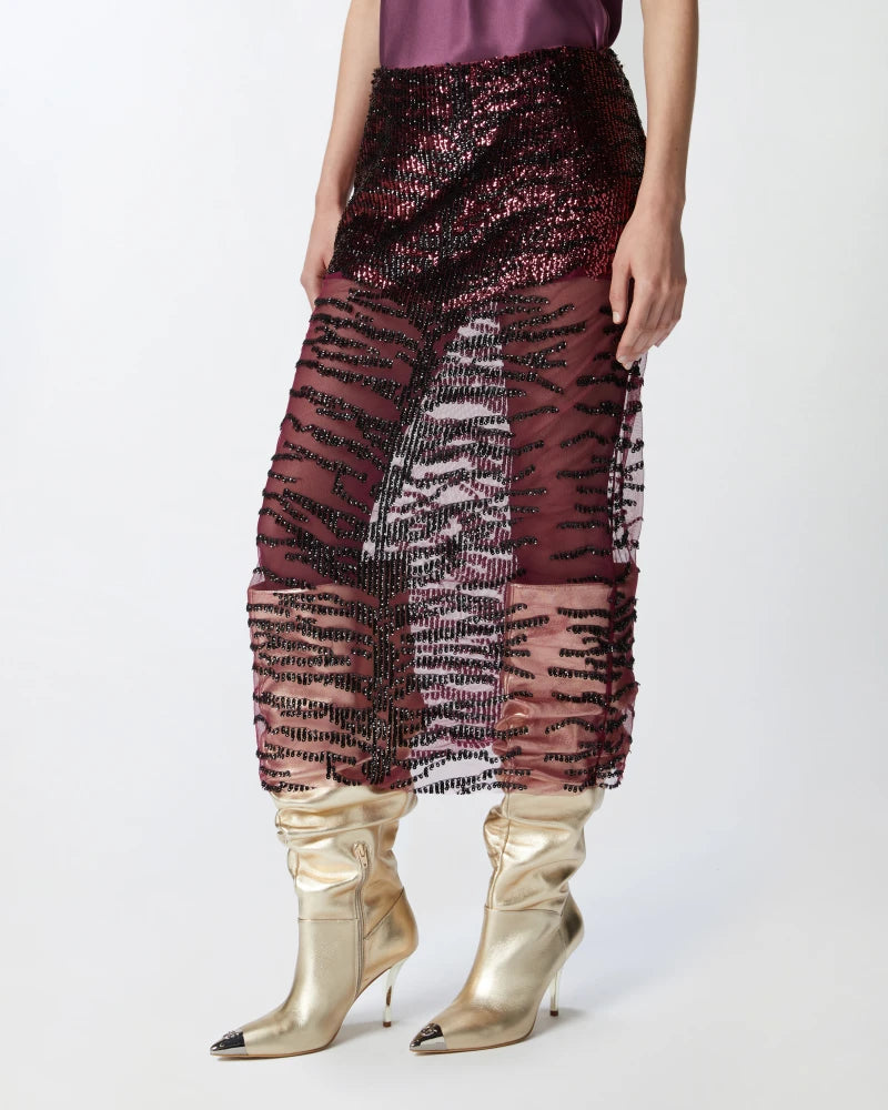 Burgundy sequin midi pencil skirt