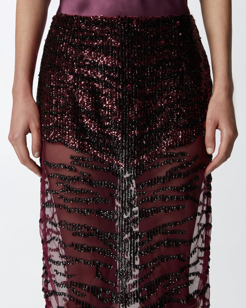 Burgundy sequin midi pencil skirt