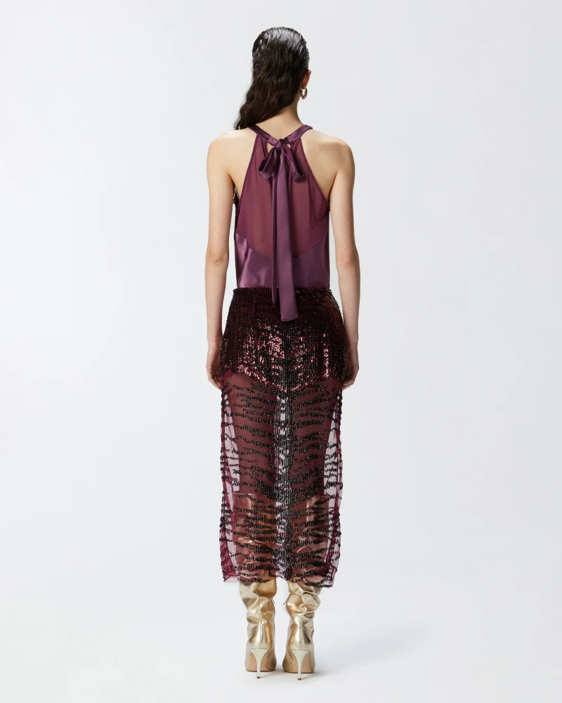 Burgundy sequin midi pencil skirt