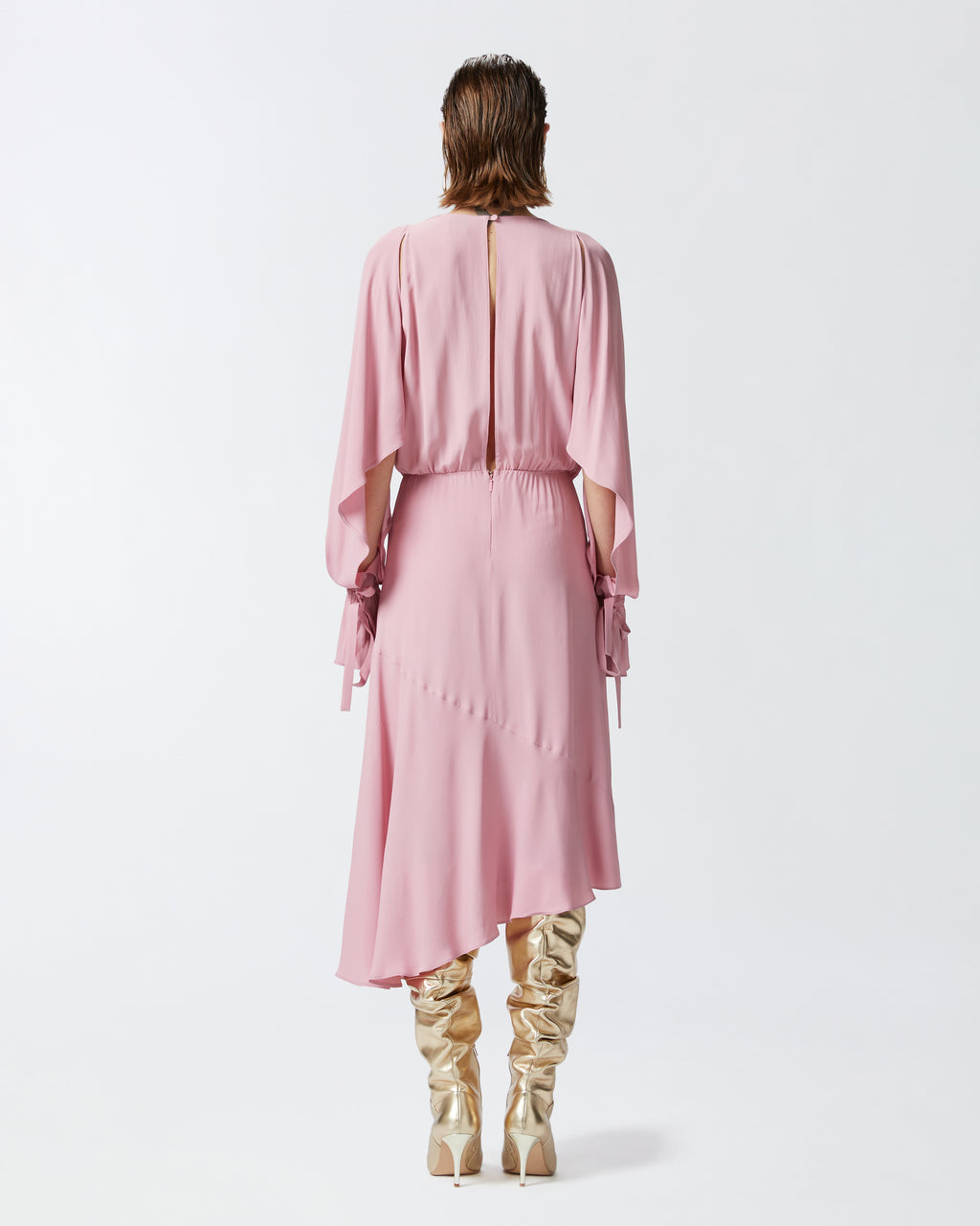 Dusty rose asymmetric midi crepe dress