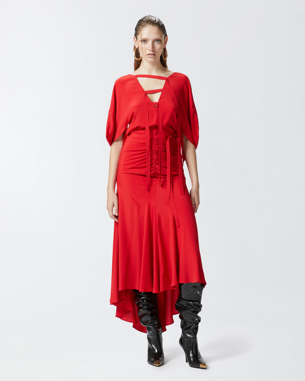 Red long silk blend dress