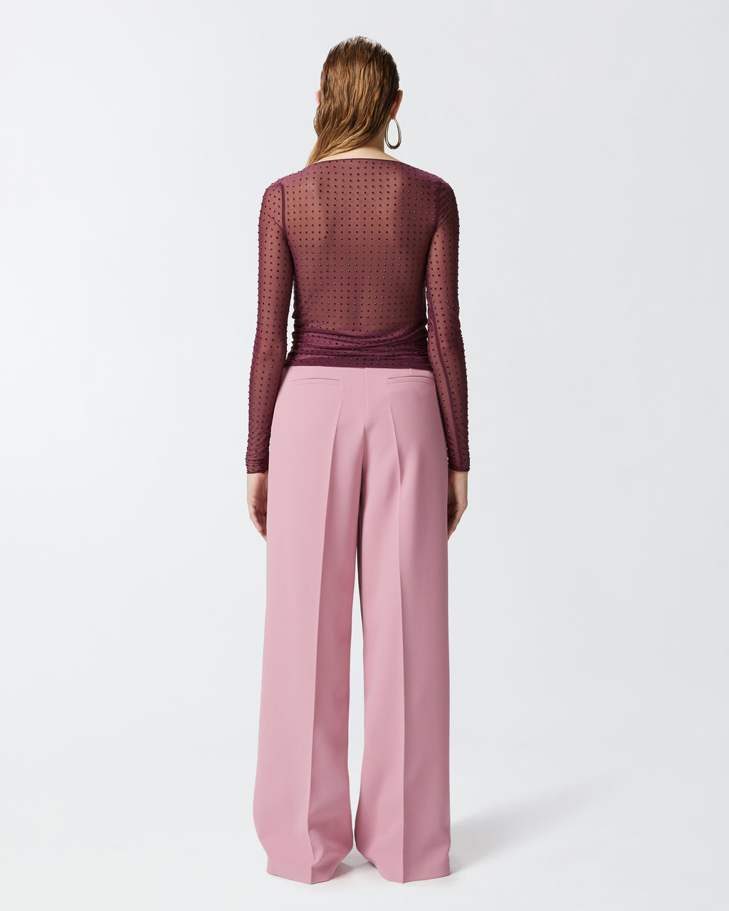 Burgundy long sleeve mesh top with rhinestones