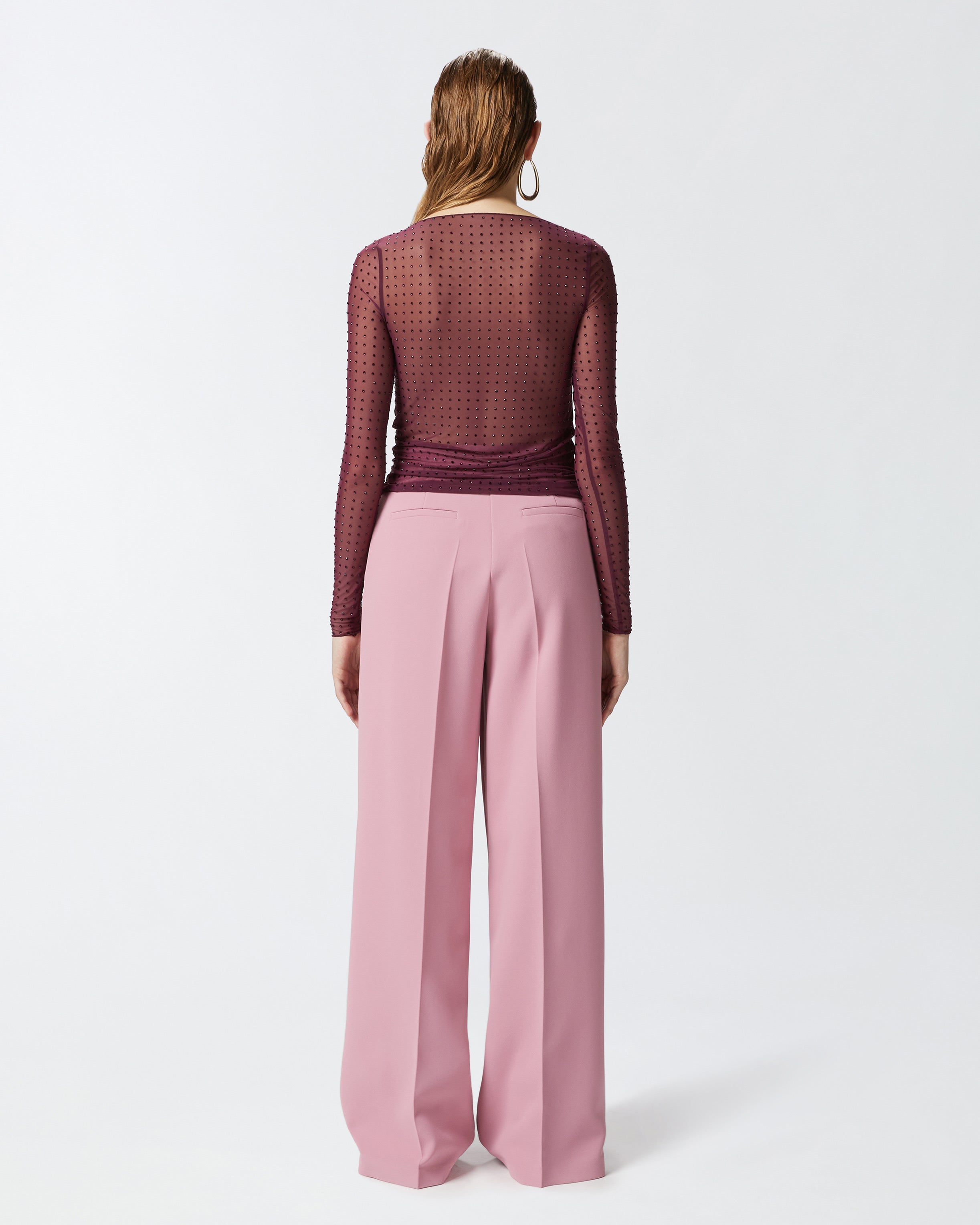 Burgundy long sleeve mesh top with rhinestones