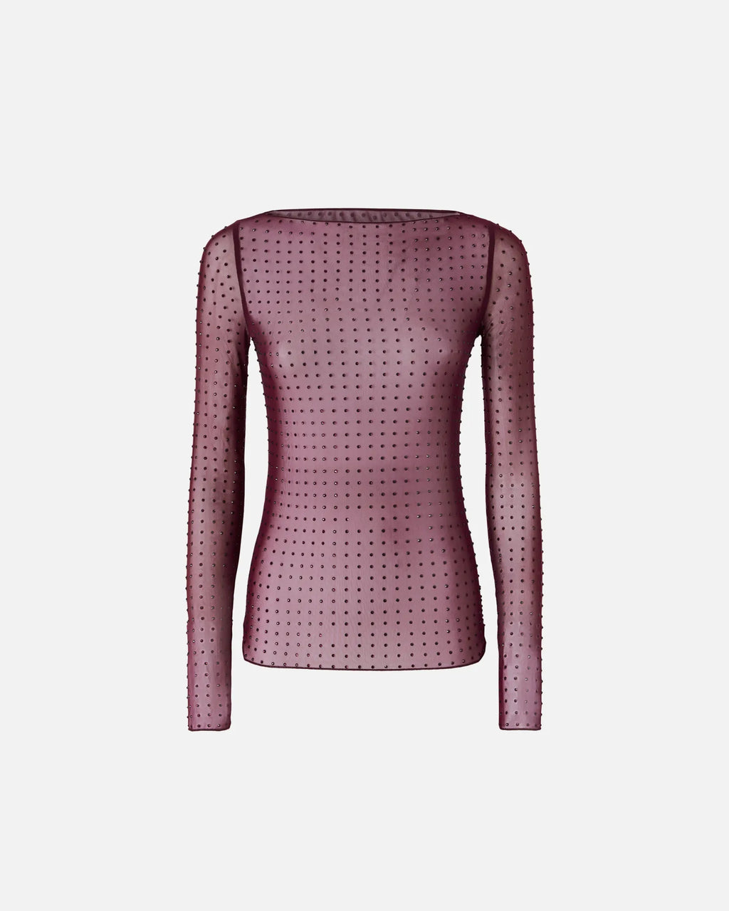 Burgundy long sleeve mesh top with rhinestones