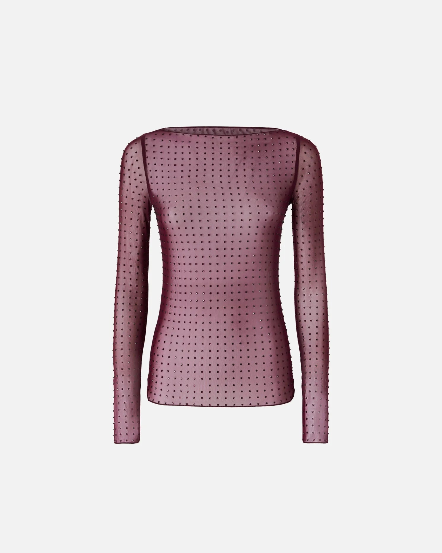 Burgundy long sleeve mesh top with rhinestones