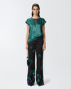 Black satin floral tailored trousers