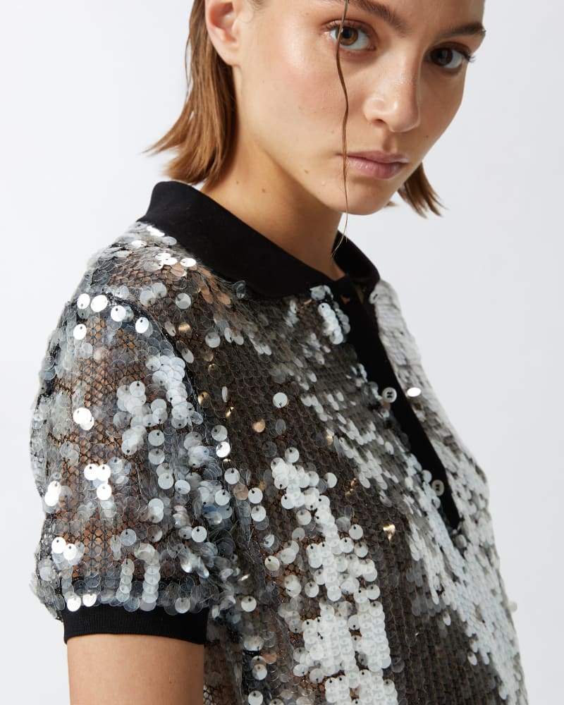 Silver sequined short sleeve polo shirt