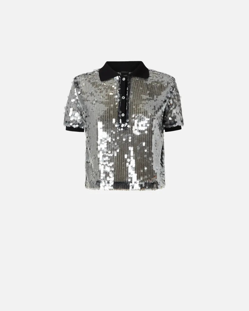 Silver sequined short sleeve polo shirt