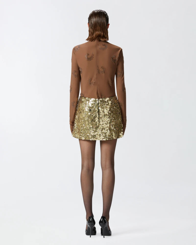 Gold mini skirt with sequins and rhinestones