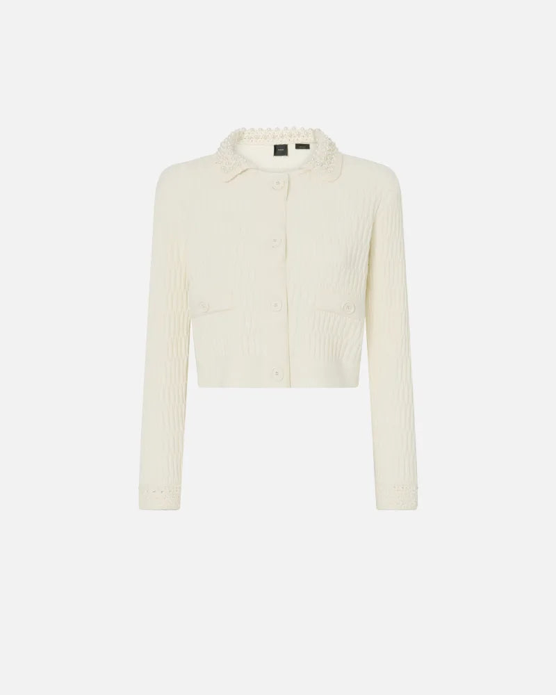 Ivory knit short jacket with removable pearl collar