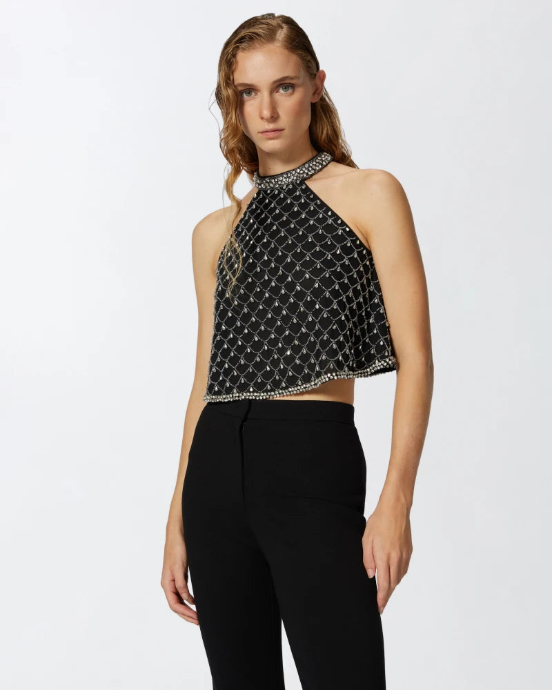 Black sleeveless top embroidered with crystals