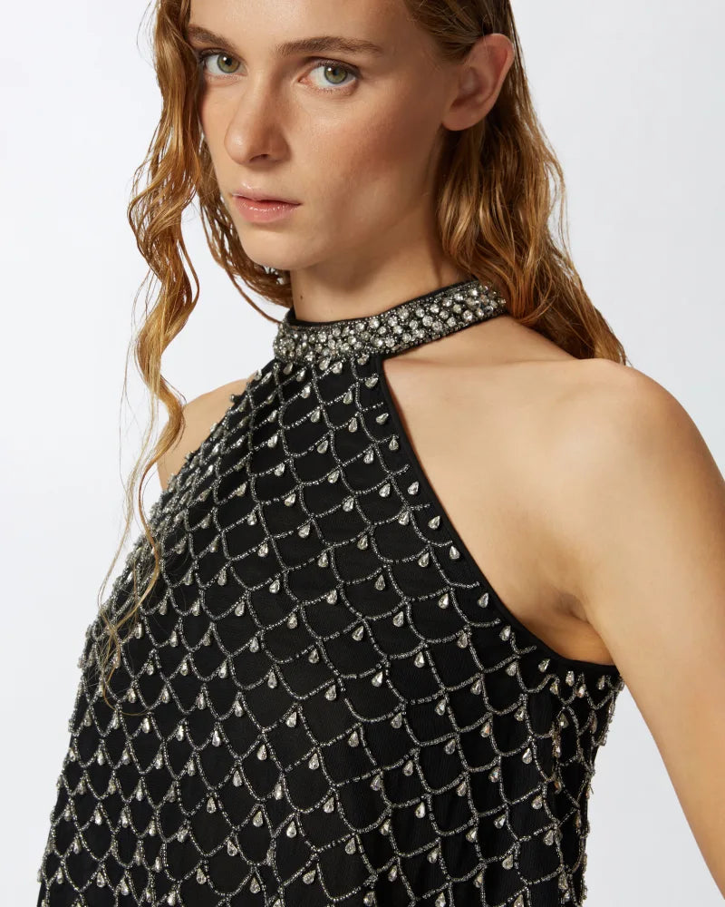 Black sleeveless top embroidered with crystals