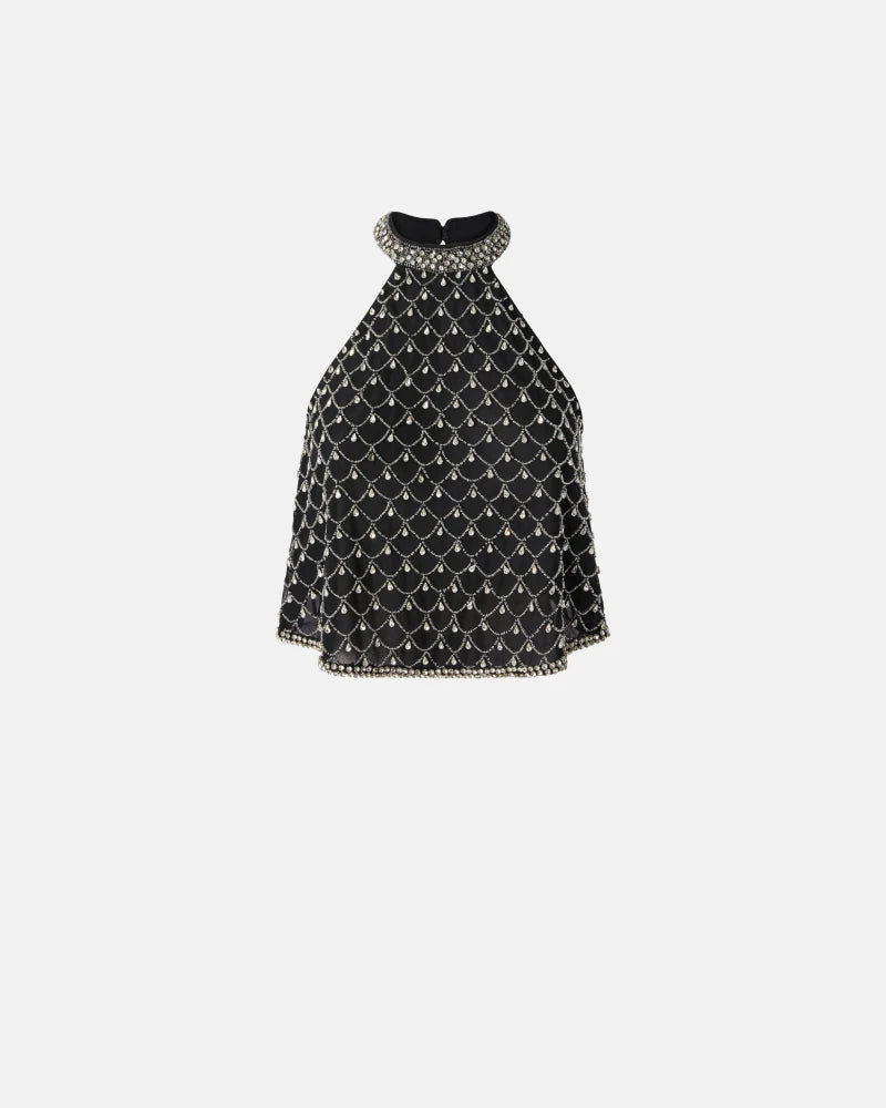 Black sleeveless top embroidered with crystals