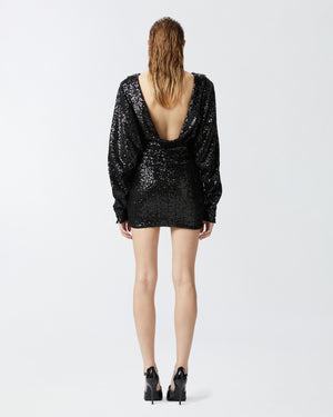 Black sequin mini dress with long sleeves and open back