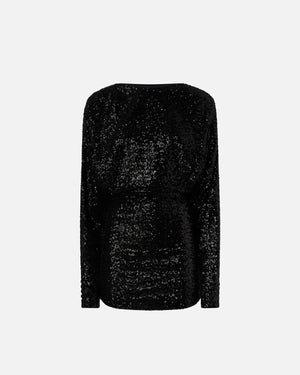 Black sequin mini dress with long sleeves and open back