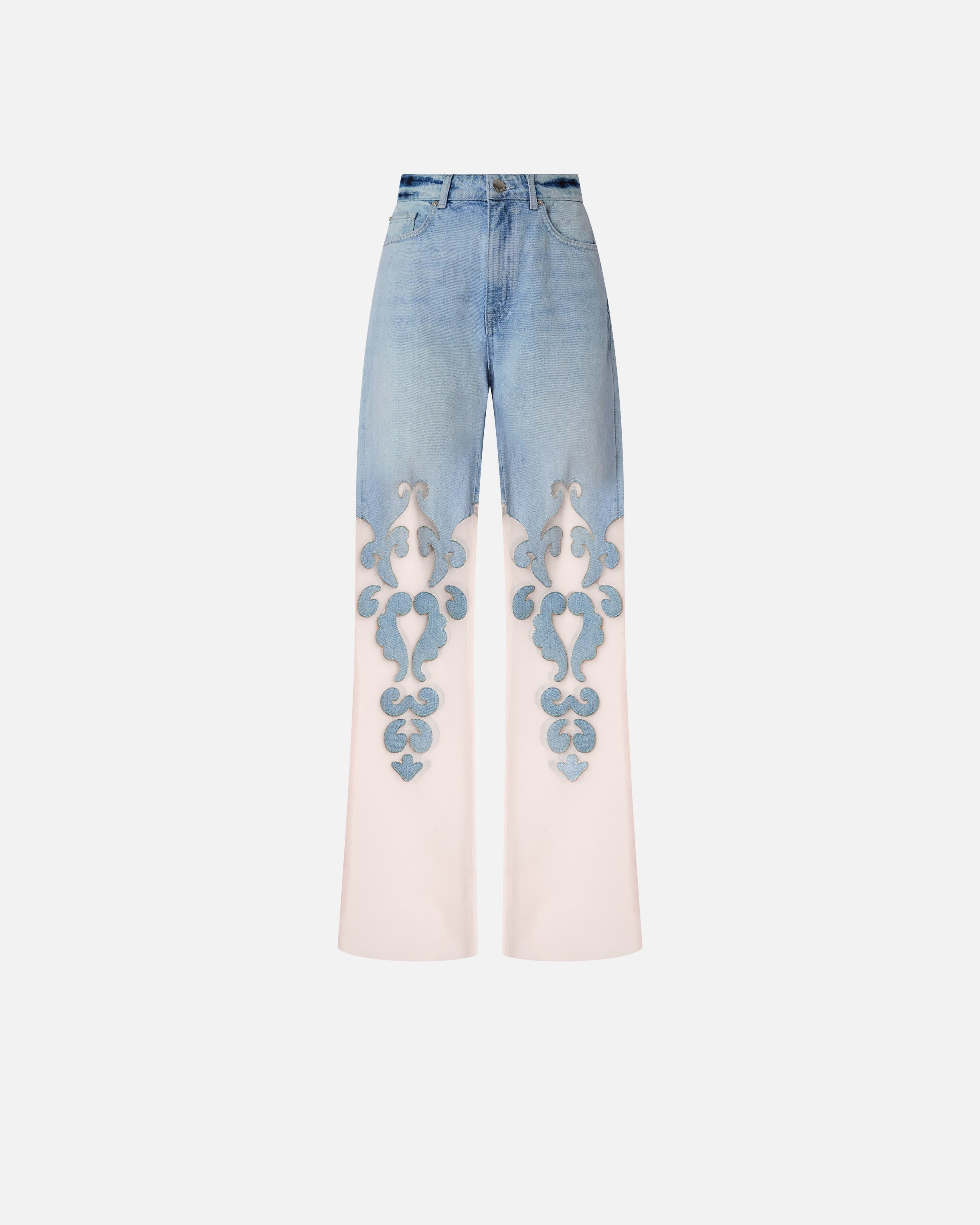 Denim jeans with applique and organza